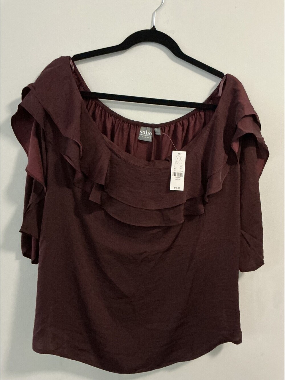 New York & Company Size L XL Womens Burgundy Off Shoulder Ruffle Boho Blouse 144